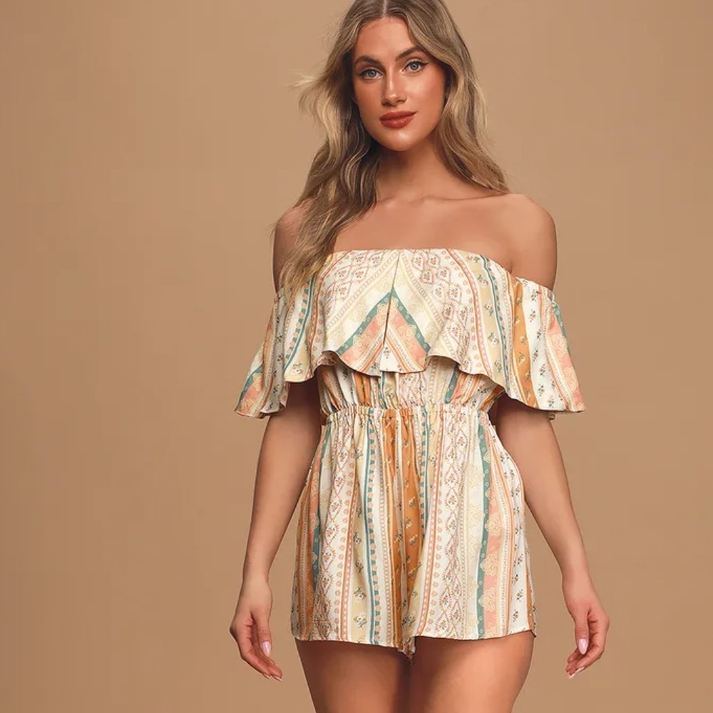 Orange Multi Print Off-The-Shoulder Romper